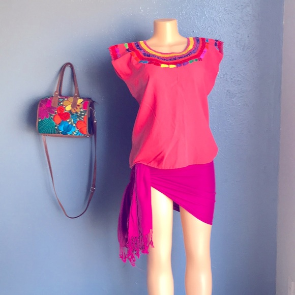 Rainbow Embroidered Mexican Artisan Coral  Top - Picture 1 of 11